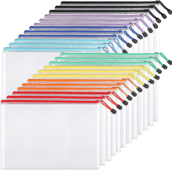 EOOUT 24Pcs Mesh Zipper Pouch Bags, A4 Zipper Bags for Organizing Storage, Waterproof Zipper Pouches, Letter Size, File Bags for School, Toys, Puzzle, Board Games and Office Supplies