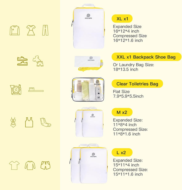 Lightweight Compression Packing Cubes for Suitcases, Compressible Expandable Travel Packing Organizer with Clear Toiletries and Backpack Bag, Travel Essentials for Carry on Luggage 7 Set