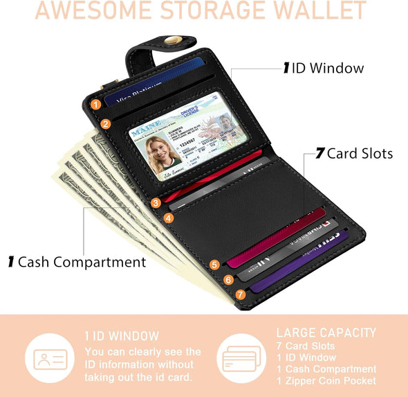 Black Rfid Ladies Wallet, Small Slim Thin Compact Credit Card Women Wallet, PU Leather Bifold Cash Zipper Coin Pocket ID Window for Female