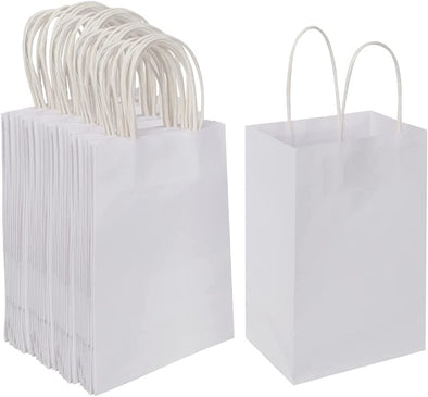 Oikss 100 Pack 5.25X3.25X8.25 Inch Small White Kraft Paper Bags with Handles Bulk for Birthday Wedding Party Favors Grocery Retail Shopping Business Goody Craft Gift Bags Cub Sacks (100Pcs Count)