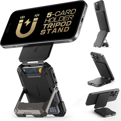 SUPCASE for Magsafe Wallet with Stand, Magnetic Wallet for Men, [Hold 5 Cards] [Adjustable Stand] [RFID Blocking] Phone Stand Credit Card Holder Tripod for Iphone 16/15/14/13/12 Series, Black
