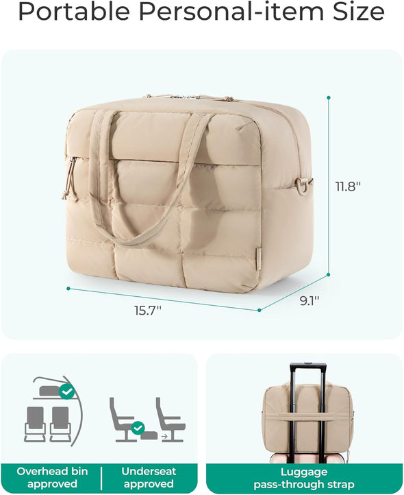 BAGSMART Puffer Travel Duffel Bag, Small Gym Bag for Women, Water-Resistant Weekender with Shoe Compartment, Camel