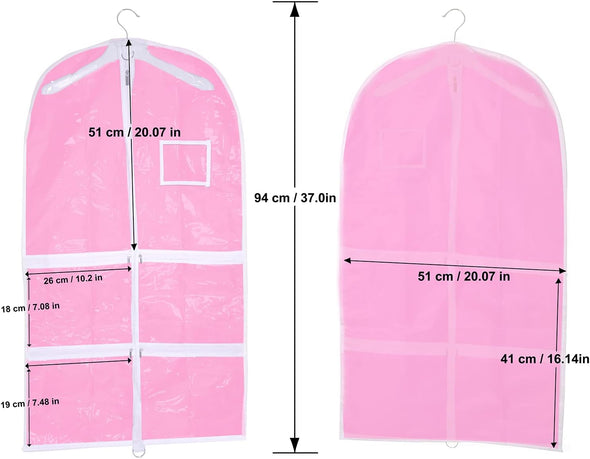 Pink Kids Dance Garment Bag for Hanging Clothes,37 Inch Waterproof PVC Travel Garment Bag with 3 Pockets for Dance Costumes,Sports,Skating,Theatre,Beauty Pageants & More