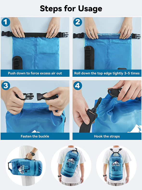 HEETA Dry Bag Waterproof for Women Men, 5L/10L/20L/30L/40L Roll Top Lightweight Dry Storage Bag Backpack with Phone Case for Travel, Swimming, Boating, Kayaking, Camping & Beach, 11 Transparent Colors
