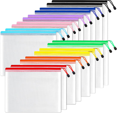 SUNEE Plastic Mesh Zipper Pouch 9X13 in (6 Colors, 18 Packs),Extra Large Water-Resistant Zip Bag for School Office Supplies, Puzzles & Games Organizing Storage