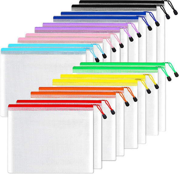 SUNEE Plastic Mesh Zipper Pouch 9X13 in (6 Colors, 18 Packs),Extra Large Water-Resistant Zip Bag for School Office Supplies, Puzzles & Games Organizing Storage