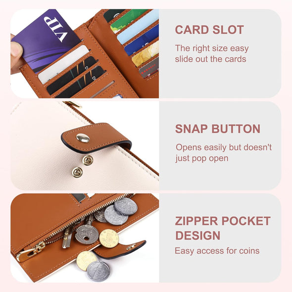 Women'S Wallets RFID Blocking Leather Trifold Clutch Wallet Credit Card Holder Ladies Travel Wallet Purse with Pen Holder
