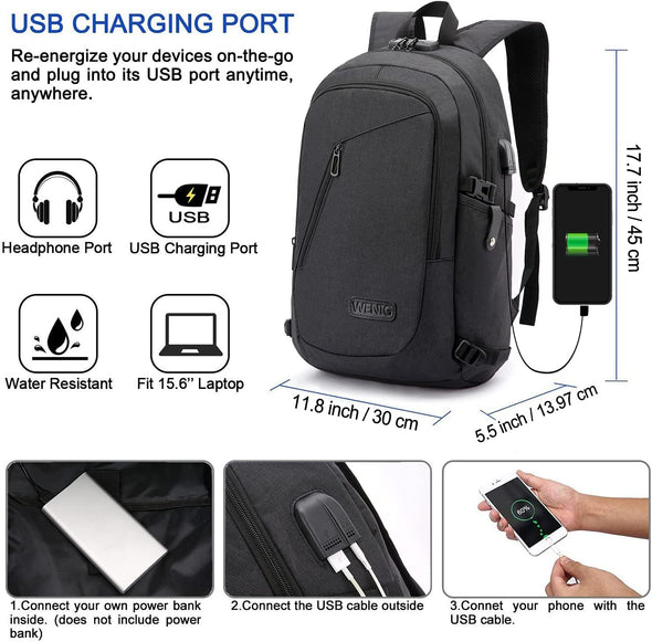 WENIG Anti-Theft Laptop Backpack,Business Travel Backpack Bag with USB Charging Port Lock,Water Resistant College School Computer Rucksack Work Backp