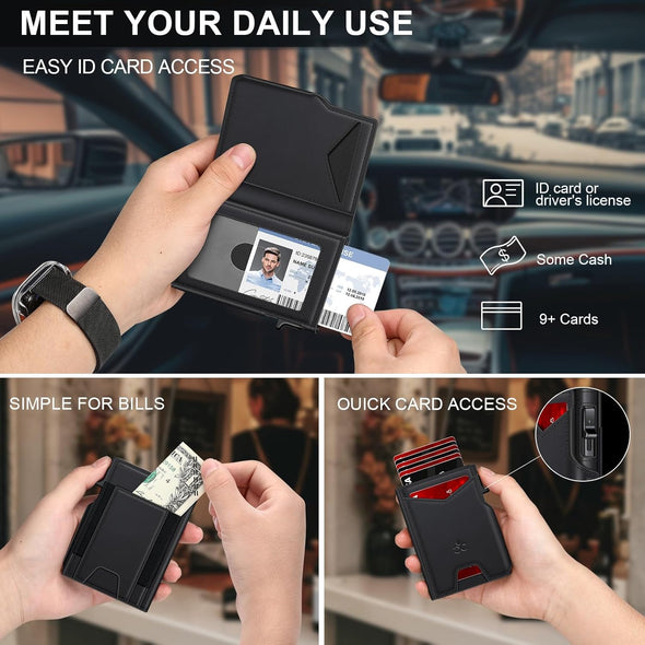Wallet for Men Wallet with Slim Pop up Card Holder 9-13 Cards, Bifold Minimalist Smart Wallet RFID Blocking Credit Card Holder with ID Window & Stretchable Cash Slot Compact Metal Aluminum Card Case