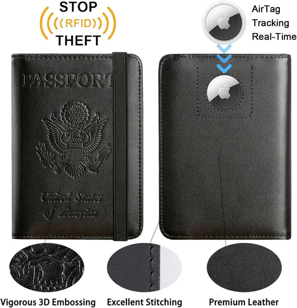 Airtag Passport Holder Cover Wallet Travel Essentials RFID Blocking Leather Card Case International Must Haves Travel Accessories for Women Men(119#Black)