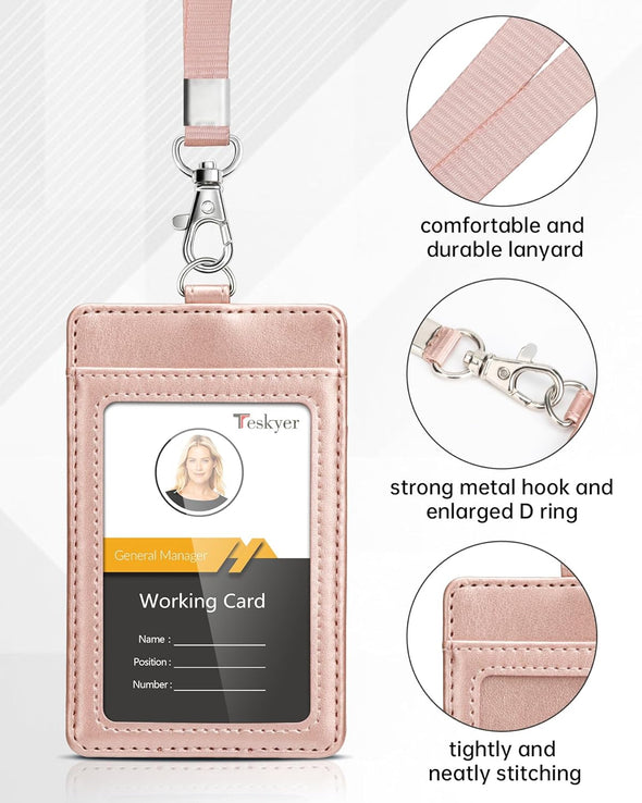 Teskyer Badge Holder, Leather ID Card Holder with Lanyard for ID Badges, Vertical Style, Rose Gold