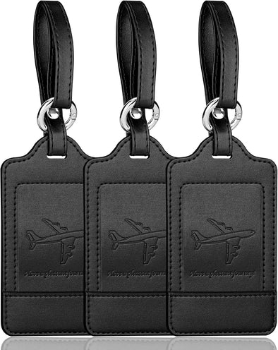 Teskyer Luggage Tags, 3 Pack PU Leather Luggage Tags for Suitcases, Privacy Protection Bag Tags Travel Essentials, Black