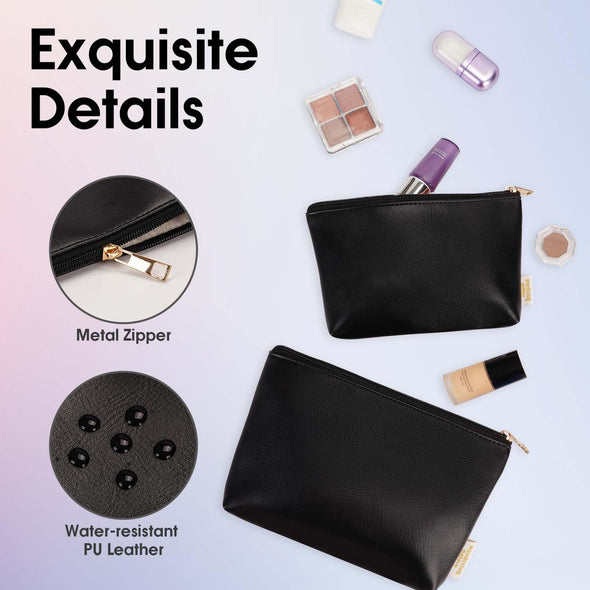 Wandering Nature Makeup Bag Small Cosmetic Bag for Purse 2 Pack Small Make up Pouch Vegan Leather Cute Travel Pouch with Zipper for Women, Black