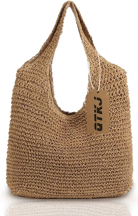 Hand-Woven Soft Large Straw Shoulder Bag Boho Straw Handle Tote Retro Summer Beach Bag Rattan Handbag