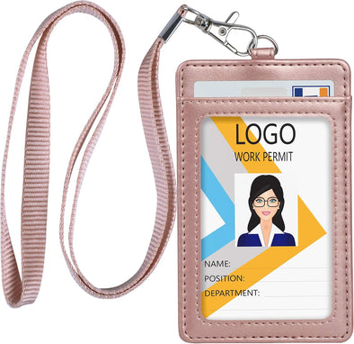 Teskyer Badge Holder, Leather ID Card Holder with Lanyard for ID Badges, Vertical Style, Rose Gold