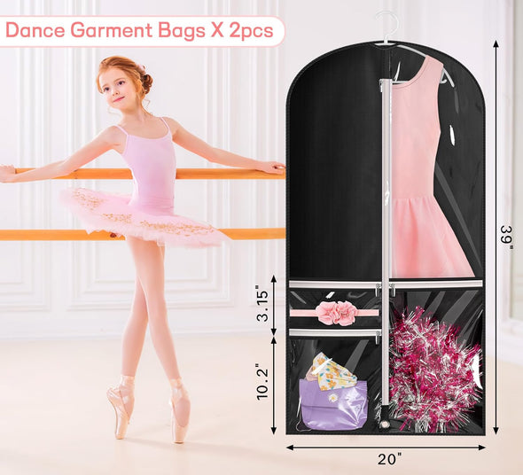 Kimbora Costume Dance Garment Bag with 3 Clear Zipper Pockets for Suits Dress Cover, Travel Storage & Competitions, Set of 2 (Black)