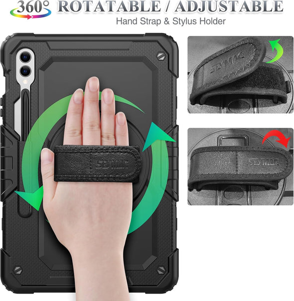 SEYMAC Stock Case for Samsung Galaxy Tab S10 Plus/ S9 FE Plus/ S9 plus 5G Tablet 12.4'' Case with Screen Protector Pencil Holder [360 Rotating Hand Strap] &Stand, Drop-Proof, Black1