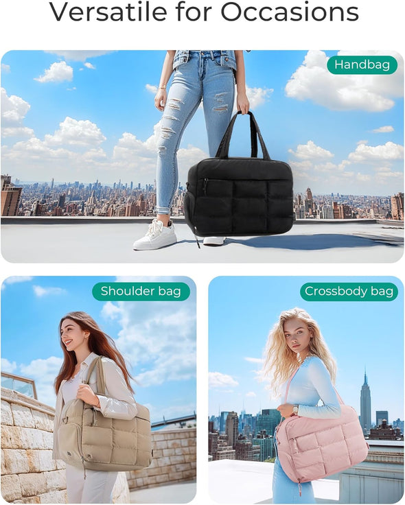 BAGSMART Puffer Travel Duffel Bag, Small Gym Bag for Women, Water-Resistant Weekender with Shoe Compartment, Camel