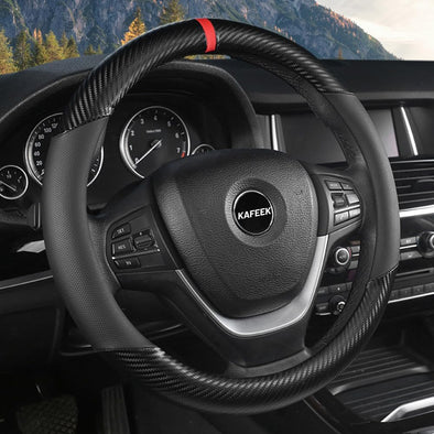 KAFEEK Car Steering Wheel Cover Men,Universal 15 Inch, Microfiber Leather Carbon Fiber Black Steering Wheel Accessories, Anti-Slip, Odorless, Breathable, Black