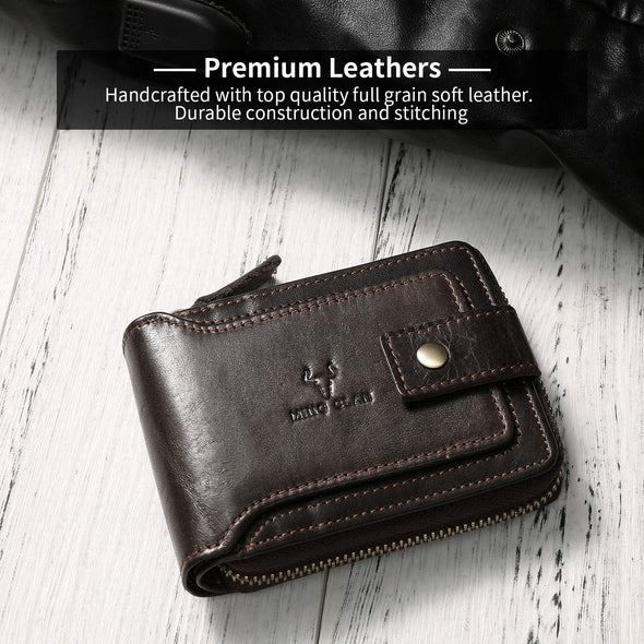 MING CLAN Zipper Wallet Men RFID Blocking Leather Flap ID Window Zip Coin Pocket Bifold Credit Card Wallets -Big Capacity for Travel