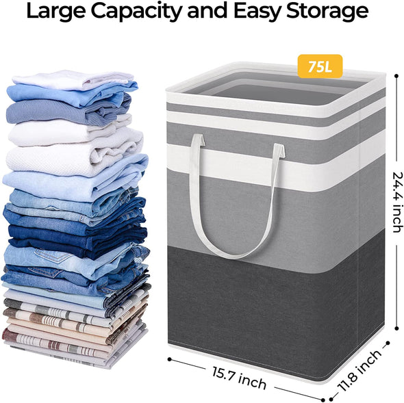 Homehacks 2 Pack Large Laundry Baskets, Waterproof, Freestanding Laundry Hampers, Collapsible Clothes Hamper with Reinforced Handles in Laundry Room, College Dorm, Bathroom, Bedroom (Grey, 75Lx2)