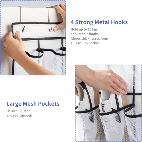 35 Pockets over the Door Shoe Organizer, Hanging Shoe Organizer for Door with 35 Mesh Pockets Large Capacity Shoe Hanging Storage Bag with 4 Metal Hooks (White-1Pack)