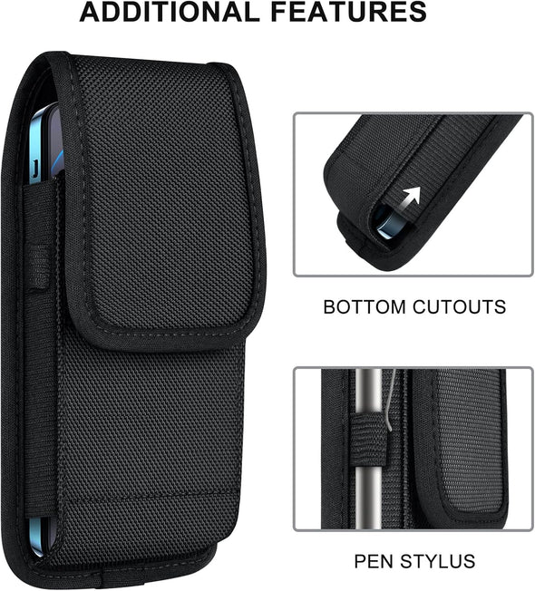 Ykooe Cell Phone Pouch Nylon Belt Holster Case Compatible with Iphone 16/15/14/13/12/11 Pro Max & plus Models, Samsung Galaxy S24/S23/S21 FE, Black–Xl