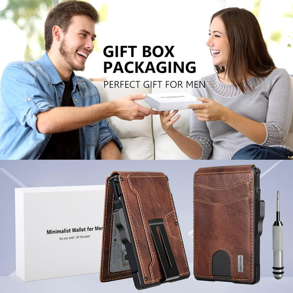 Umoven Wallet for Men - with Money Clip Slim Leather Slots Credit Card Holder RFID Blocking Bifold Minimalist Wallet (Top Layer Leather-Brown Red)