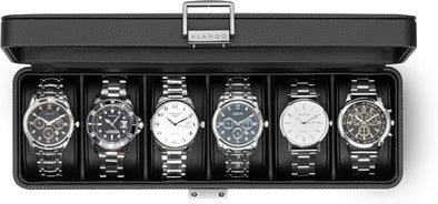 Vlando Watch Case for Men, 6-Slot Watch Box with Glass Lid, Lockable, Business Textured Leather, Soft Pillow, Gift for Fathers, Husband, Friend - Black