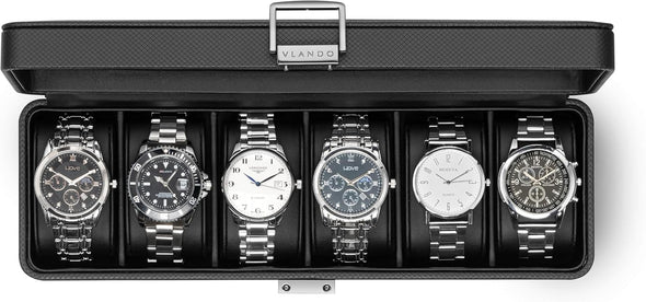 Vlando Watch Case for Men, 6-Slot Watch Box with Glass Lid, Lockable, Business Textured Leather, Soft Pillow, Gift for Fathers, Husband, Friend - Black