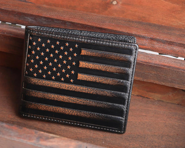 DK86 Mens Wallet USA Flag Bifold Wallet for Men RFID Blocking Full Grain Leather with Hand Burnished Extra Capacity Multiple Card Slots with 2 ID Windows