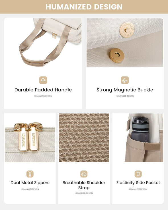 LOVEVOOK Laptop Backpack for Women, 15.6 Inch Work Laptop Bag with USB Port, Fashion Teacher Nurse Backpack Purse, Waterproof Travel Computer Backpack with Organizer Bag, 2PCS, Beige-Khaki