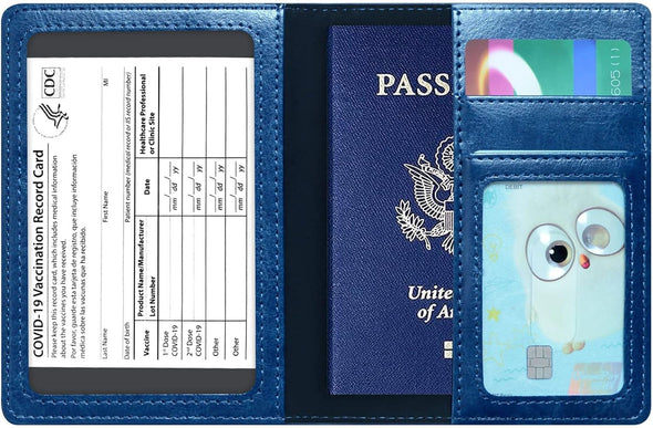 Passport Holder Cover Wallet Case RFID Blocking Leather Card Slot Travel Accessories Documents Organizer Protector for Women Men, Navy Blue