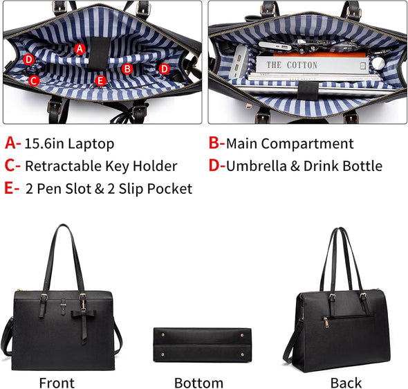Keyli 4Pc Sets Laptop Bag for Women Large Leather Laptop Briefcase with USB Charging Port Computer Shoulder Tote Bags Purse