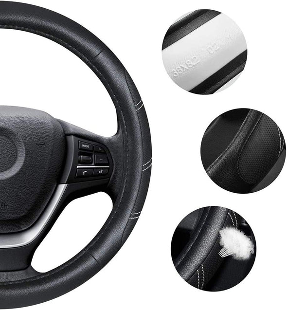 Elantrip Sport Leather Steering Wheel Cover 14 1/2 Inch to 15 Inch Universal, Padded Soft Grip Breathable for Car Truck SUV Jeep, anti Slip Odorless Black