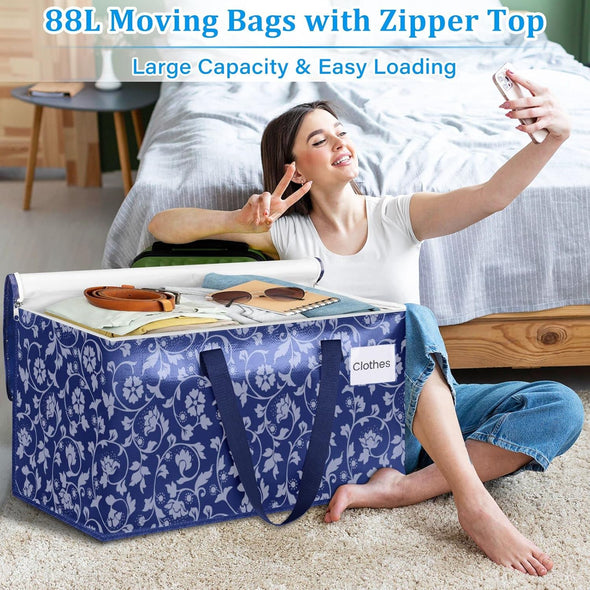 Homehacks Moving Bags, Extra Large Size Moving Boxes, Heavy Duty Luggage Bags with Smooth Zipper and Sturdy Handles, Large Capacity & Easy Loading Storage Totes for Space Saver 88L, 6-Pack, Blue