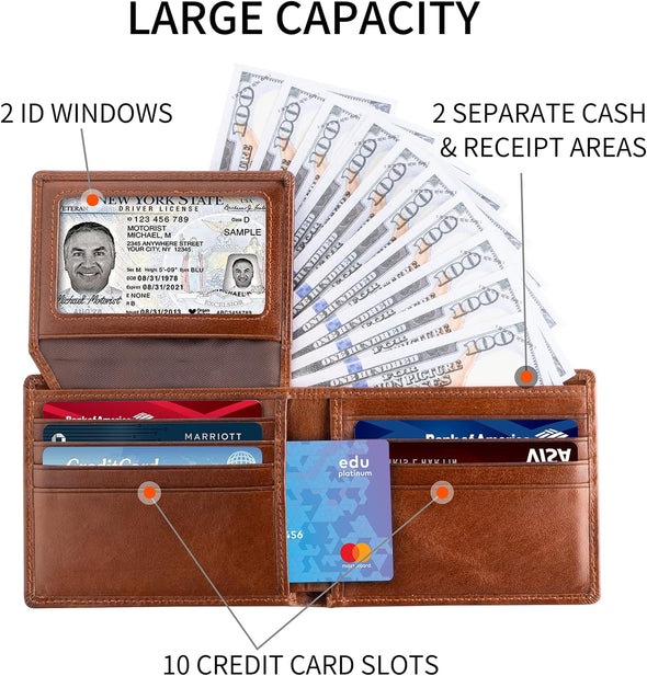Leather Wallets for Men, Genuine Leather Mens Wallets Bifold Rfid Blocking with 2 ID Windows