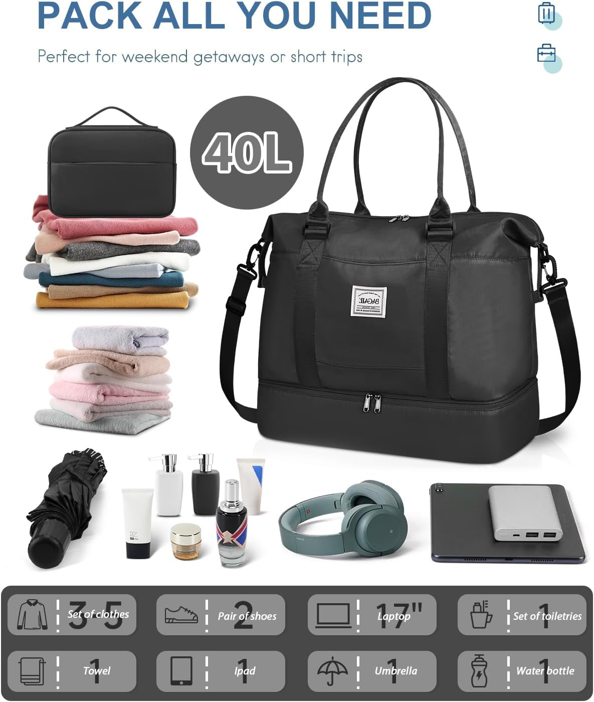 bagail travel luggage duffel bag lightweight for sports gym vacation Travel Duffel Bag, Weekender Bags for Women, Overnight Gym Carry On Tote Bag with Wet Pocket,, B-Black · Travel Bag Upgraded