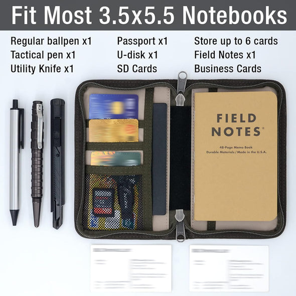Journal Cover for Field Notes Notebooks Moleskine Cahier 3.5 X 5.5 with Zipper Pen Holder, Water Resistant Pocket Notebook Cover for Journal Notebook Planner, Classy Waxed Canvas, Olive