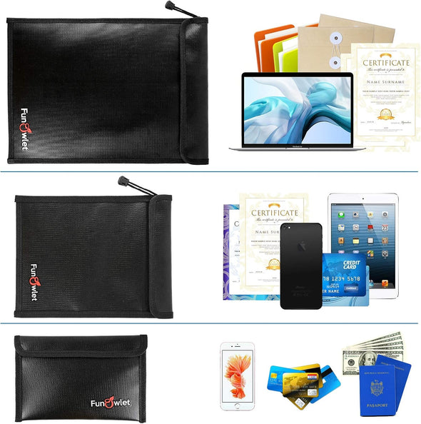 Fireproof Waterproof Money Document Bag - 3 Pack Safe Upgraded Zipper Bags, Fire & Water Resistant Storage Organizer Pouch for A4 A5 Documents Holder,File,Cash,Jewelry,Passport,Tablet,Laptop (Black)