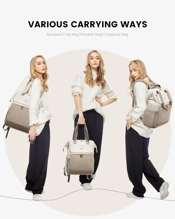 LOVEVOOK Laptop Backpack for Women, 15.6 Inch Work Laptop Bag with USB Port, Fashion Teacher Nurse Backpack Purse, Waterproof Travel Computer Backpack with Organizer Bag, 2PCS, Beige-Khaki