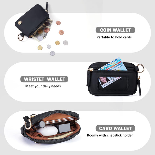 POIUGOYA Nylon Wristlet Wallets, Dual Pouch Keychain Wristlet Wallet, RFID Small Wallet with Coin Pouch,Id Window for Travel