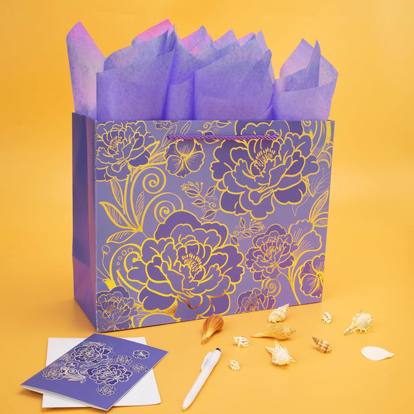 Qirrmiy 13" Large Rose Purple Gift Bag Set with Greeting Card and Tissue Paper for Women or Girls for Celebrating Birthdays, Valentine'S Day, Weddings, Anniversaries, Mother'S Day