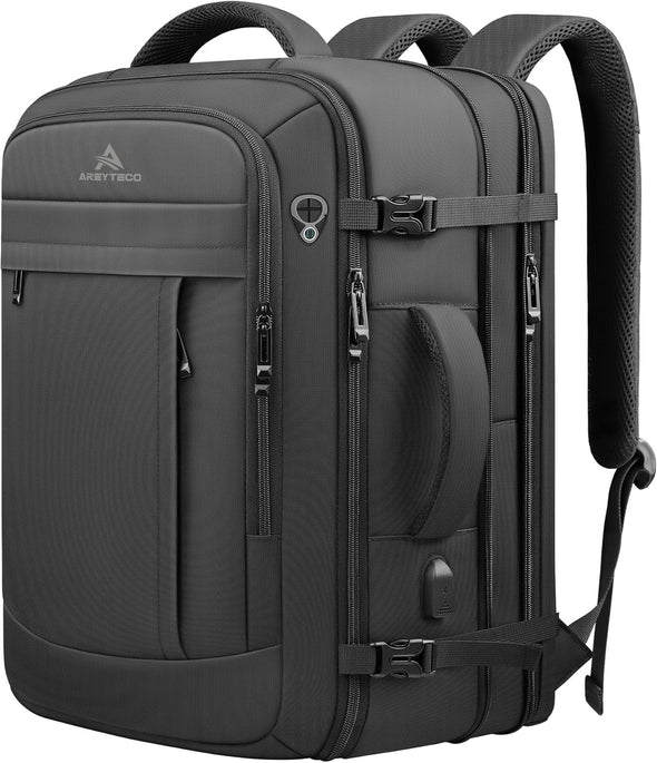 Travel Backpack, 50L Expandable Extra Large Laptop Backpack, Carry on Backpack Airline Approved Water Resistant Business Suitcase Daypack Bag Fits 17 Inch Laptops, Travel Gifts for Men Women, Black