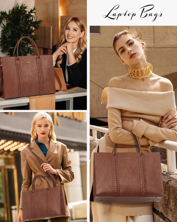 LOVEVOOK Laptop Tote Bag for Women, Vintage Leather Work Bag with Cup Holder, Waterproof Computer Purse, Professional Briefcase Office Shoulder Handbag, 15.6 Inch, Brown