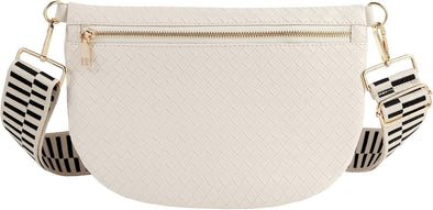 Woven Crossbody Bags for Women Leather Belt Bum Sling Purse Fanny Waist Pack Chest Shoulder Bag for Women-Cream