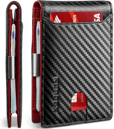 KM Legend RFID Blocking Leather Money Clip Wallet For Men - Slim Bifold Credit Card Holder With 4 Slots & ID Window, Carbon Black