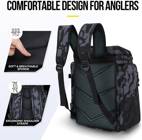 PLUSINNO Fishing Backpack with Rod Holders Tackle Box, 42L Large Water-Resistant Fishing Tackle Bag Store Fishing Gear