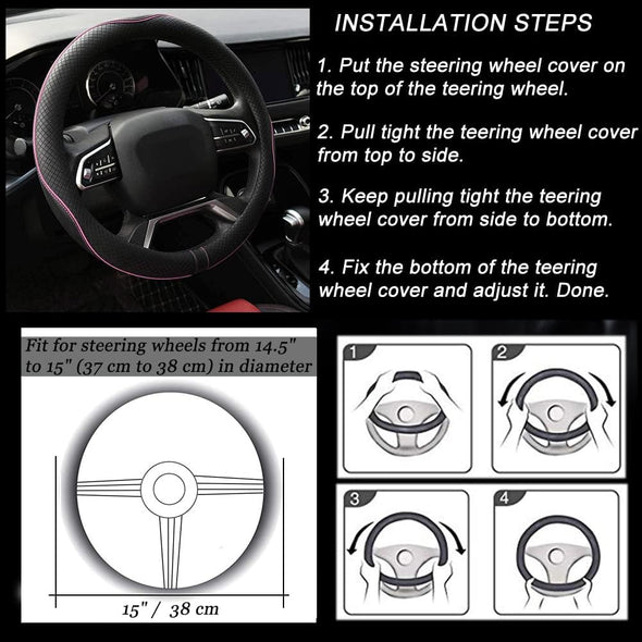 Microfiber Leather Steering Wheel Cover Anti-Slip Matte Finish Auto Car Wheel Cover Universal 15 Inch Wheel Cover for Car Embossing Pattern (Pink Line)
