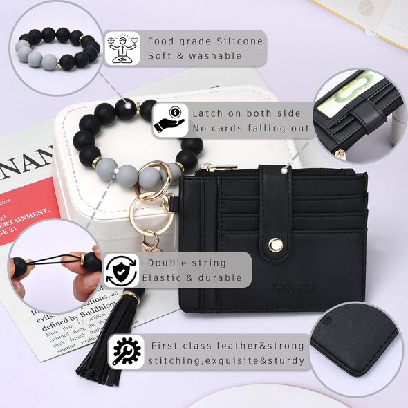 BAOSIWA Silicone Bracelet Keychain Wallet for Women Wristlet Card Holder Slim RFID Wallet with Zipper Pocket